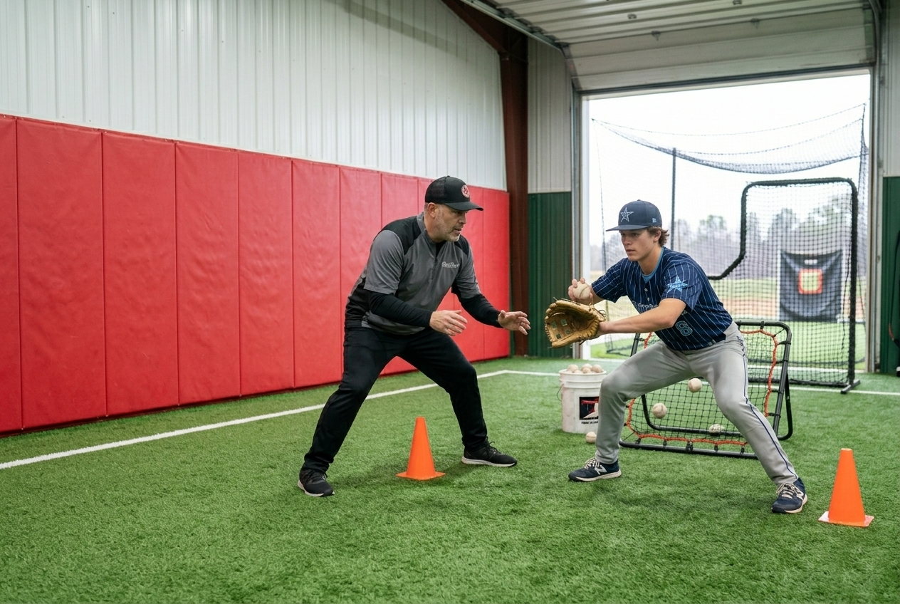 Coach drilling defensive footwork with a player at Short Porch Baseball Academy