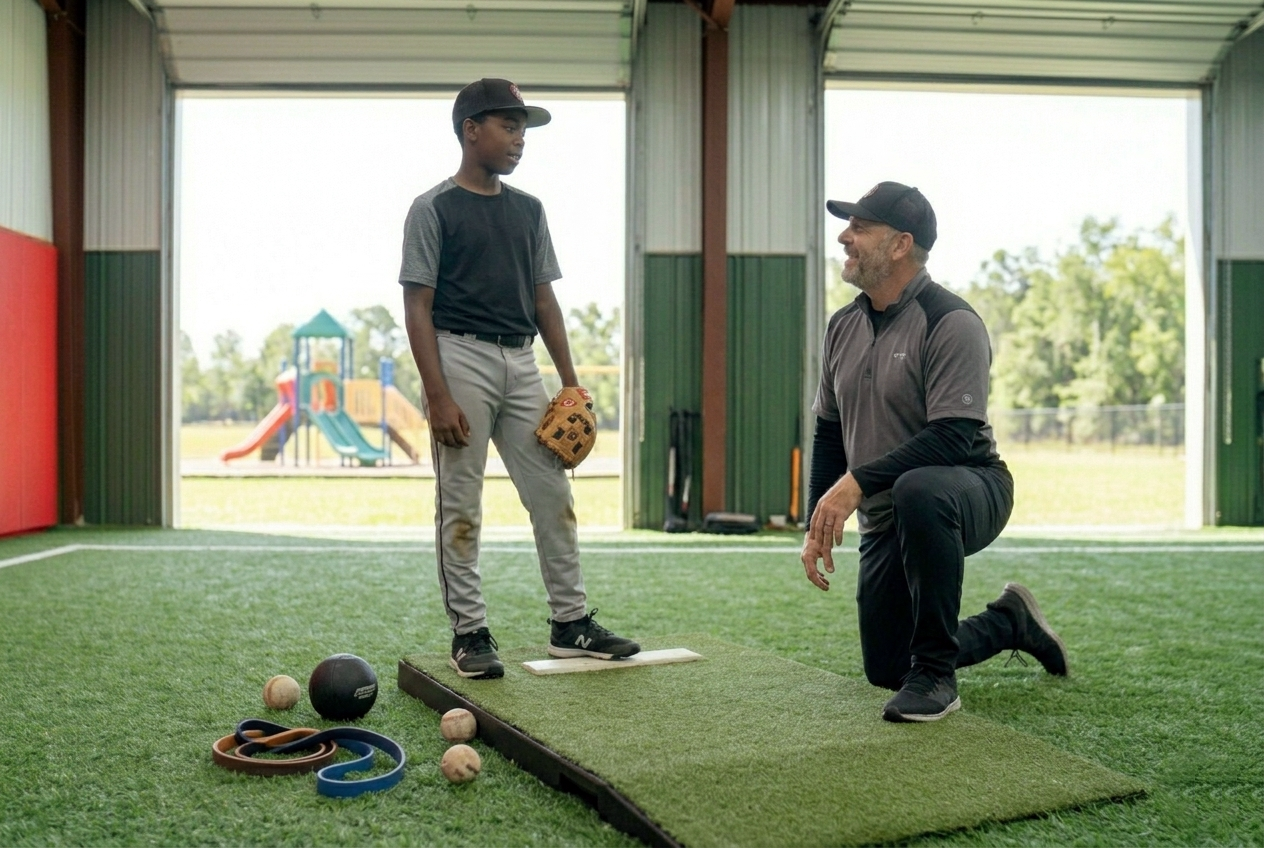 Coach instructing a young pitcher on the mound at Short Porch Baseball Academy