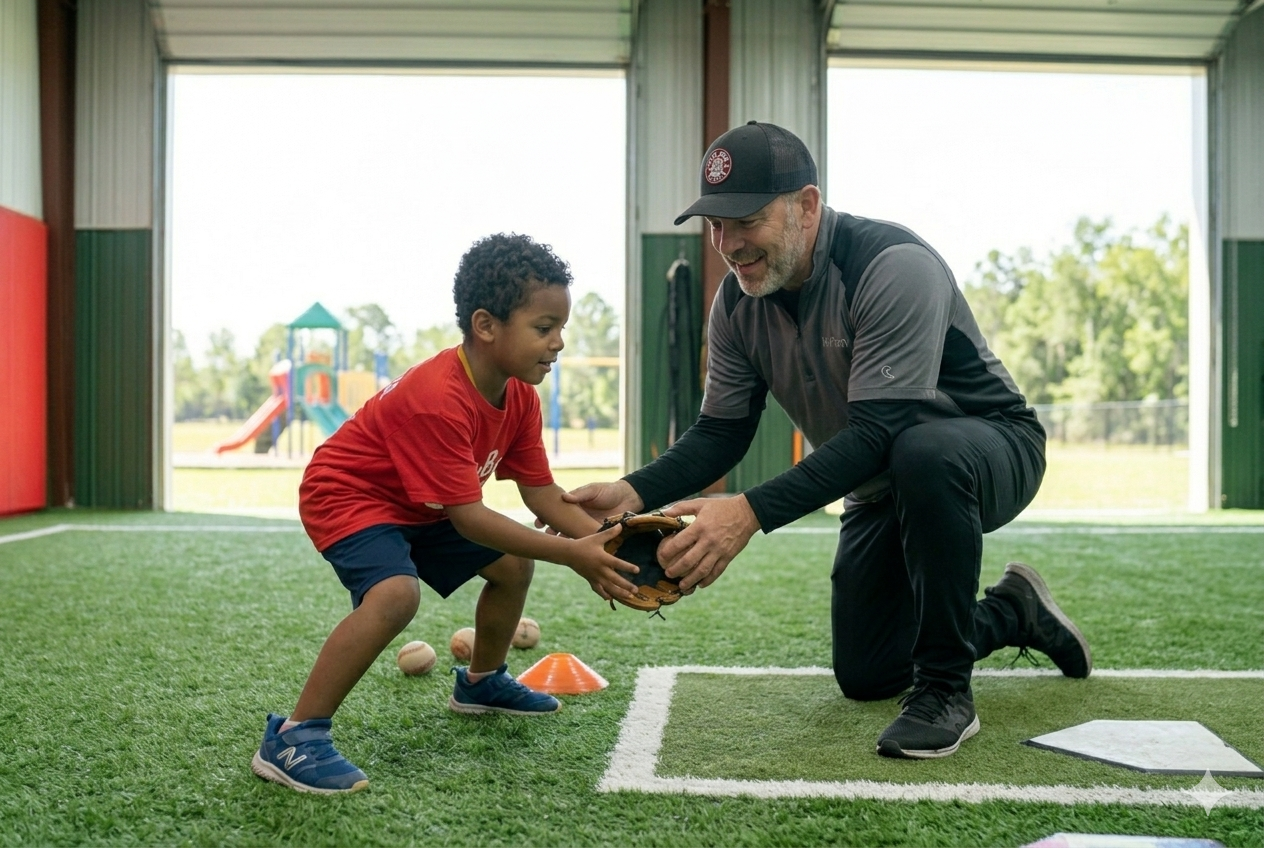 Coach giving a one-on-one private lesson at Short Porch Baseball Academy