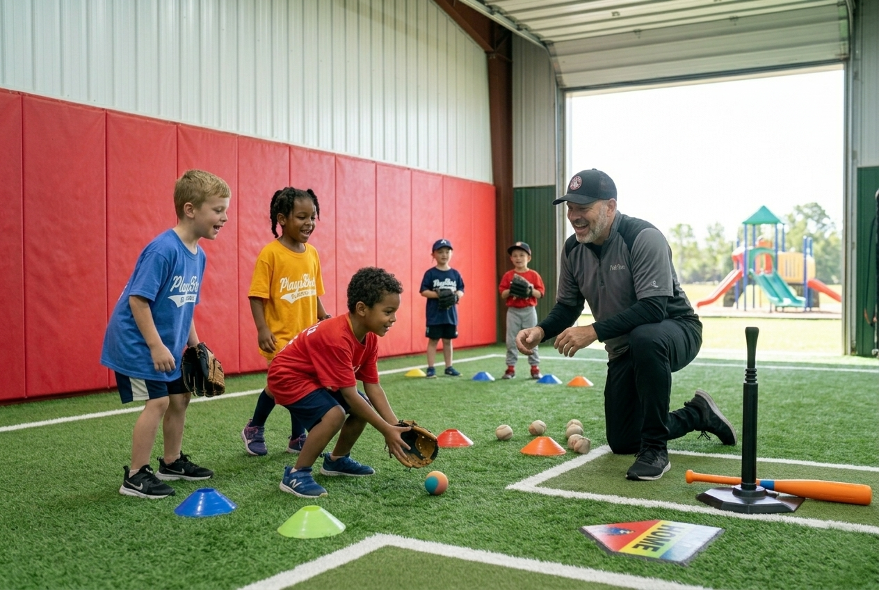 Coach leading youth players through fielding drills at Short Porch Baseball Academy